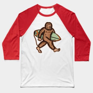 Sasquatch Bigfoot Walking in the Beach with a Surfboard | Summer Vibes Baseball T-Shirt